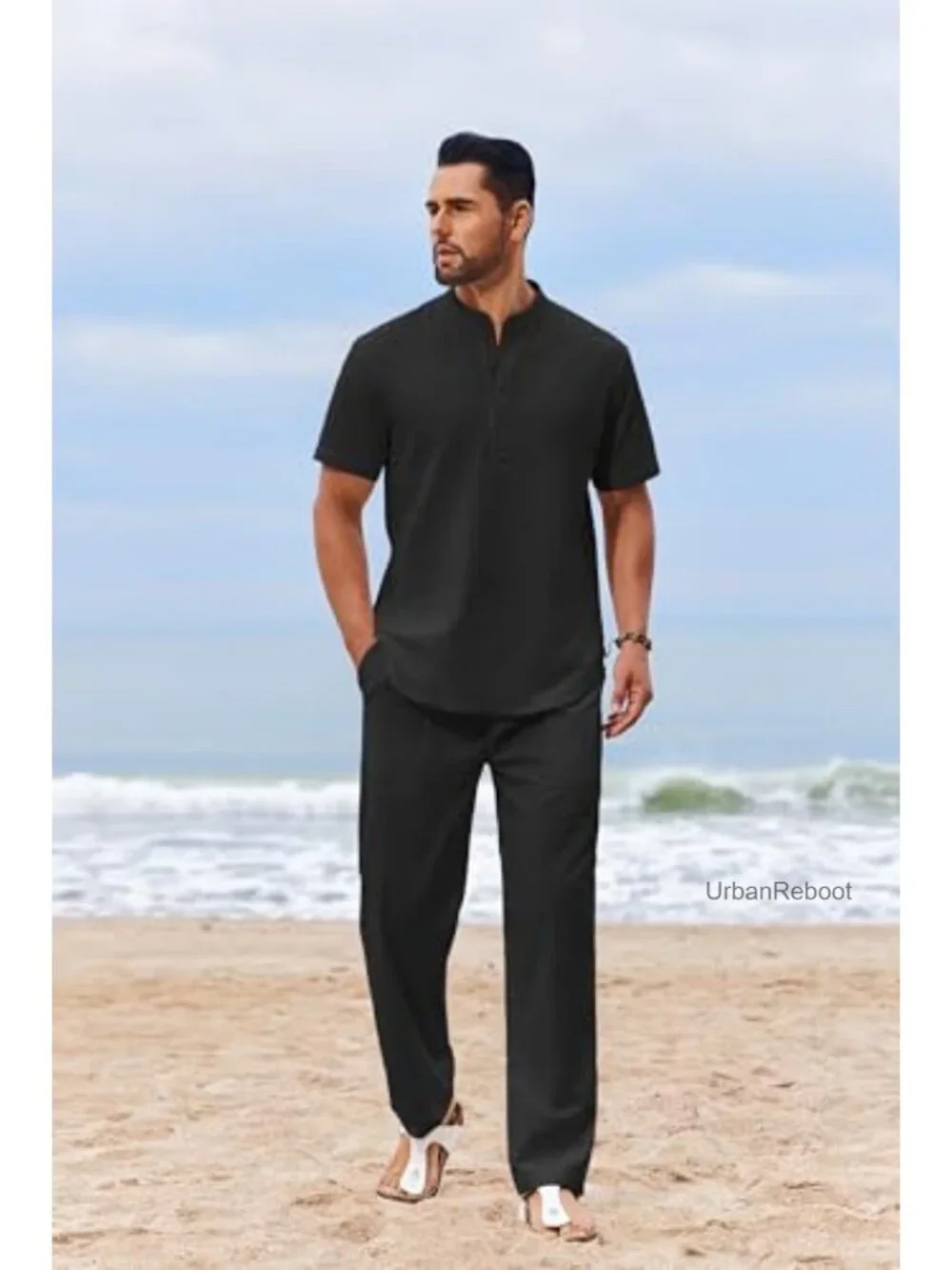 Men's 2 Piece Cotton Linen Look Beach Outfit Set with Pockets, Short Sleeve